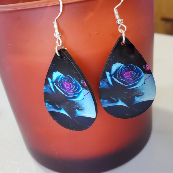Blue Rose on Book Teardrop Earrings - Picture 2 of 8
